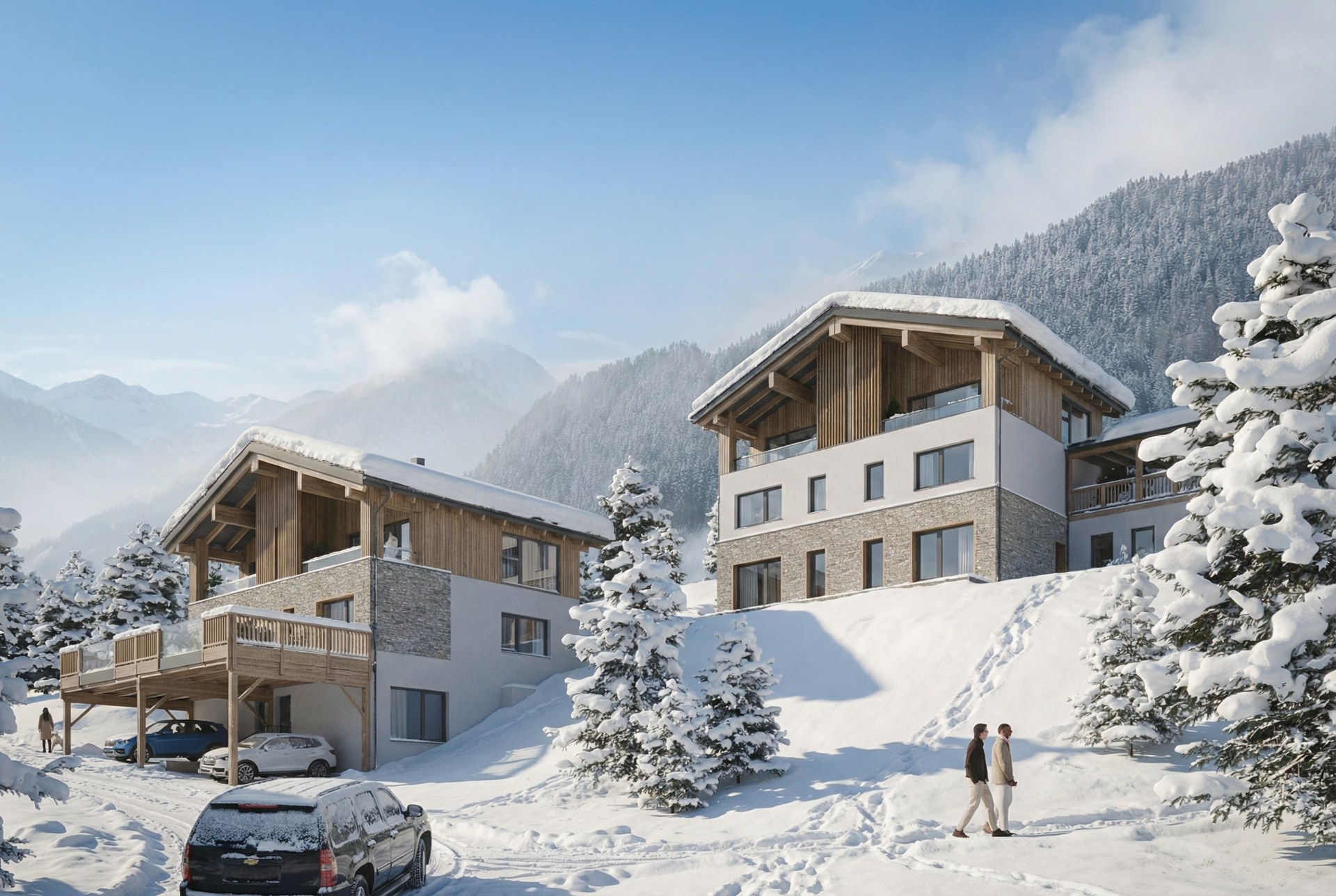 3D-render van het Oostenrijkse bergproject in een besneeuwd landschap, gezien van rechtsachter