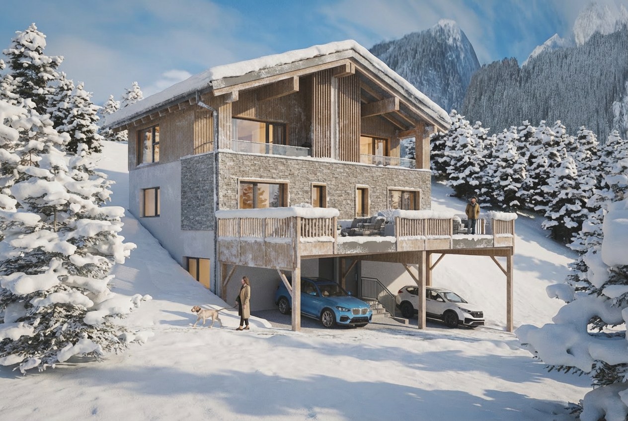 3D-render van het Oostenrijkse gebouw met balkons, gezien van linksachter