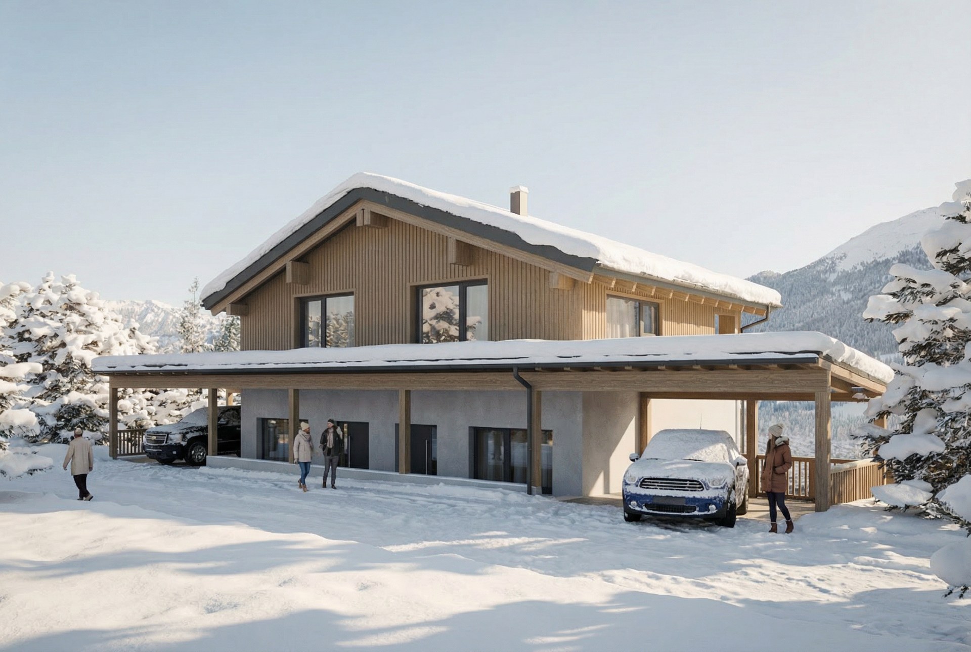 3D-render van de voorzijde van het Oostenrijkse gebouw