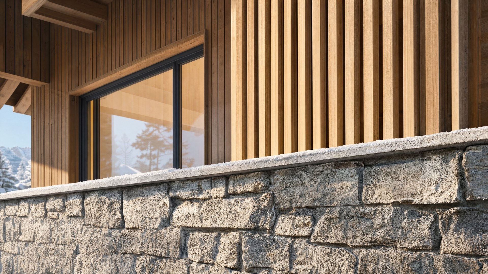 3D-render van houten gevelbekleding en natuursteen