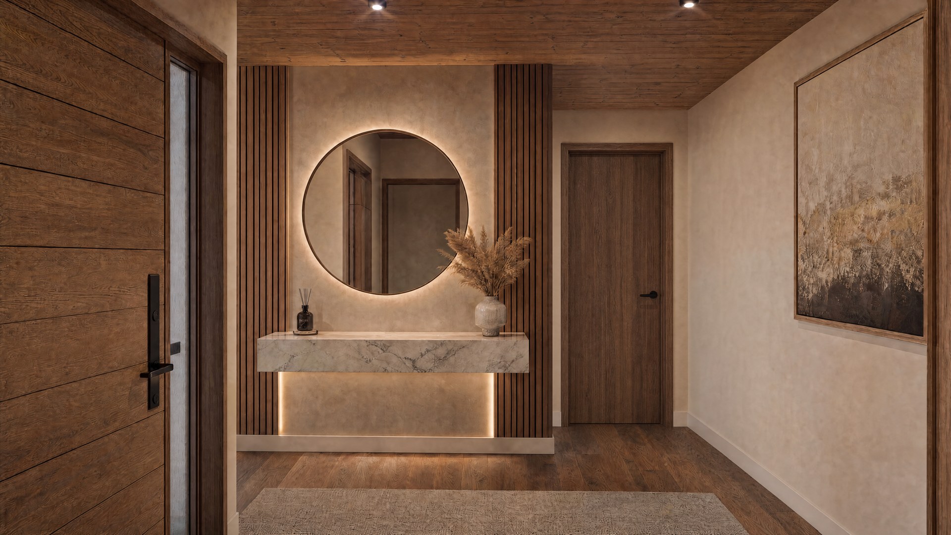 3D-render van de entree met hout en een ronde spiegel