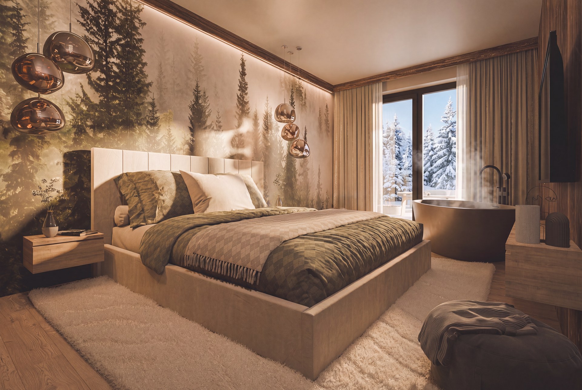 3D-render van een slaapkamer met houten afwerking