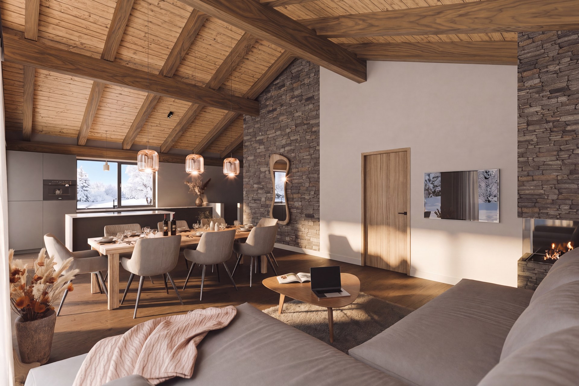 3D-render van een woonkamer met zithoek en eettafel