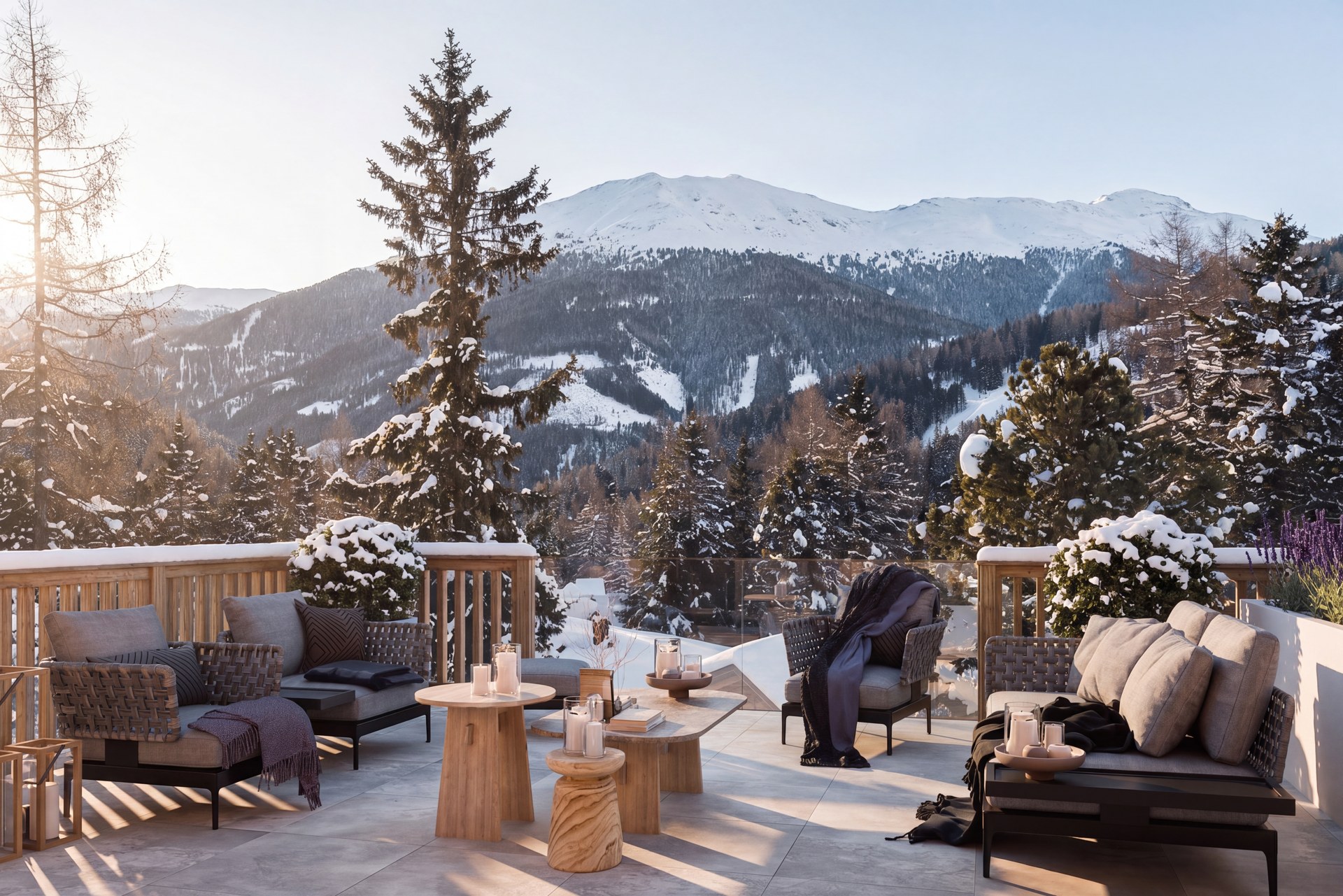 3D-render van een terras met uitzicht op de besneeuwde bergen